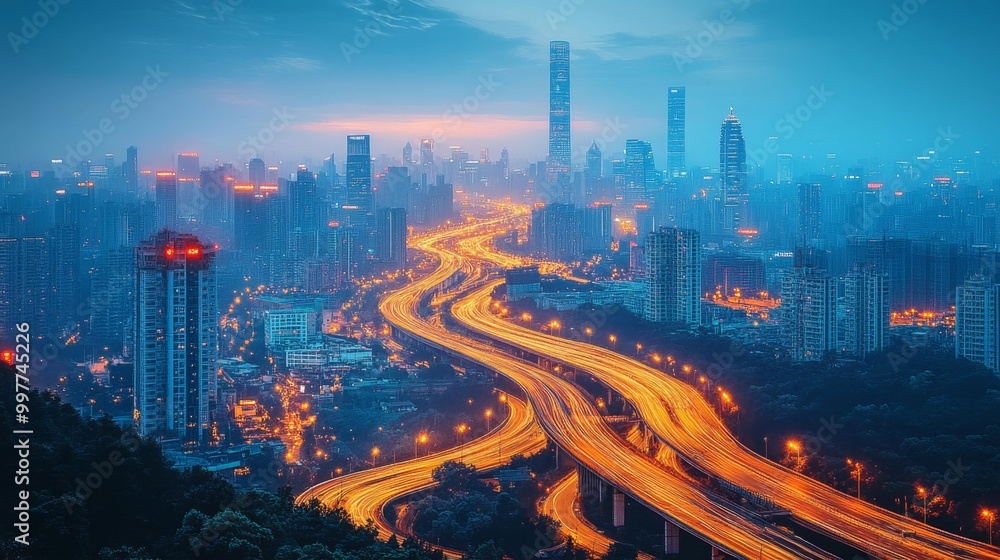 Fototapeta premium City Skyline with Highway Light Trails at Dusk Generative AI