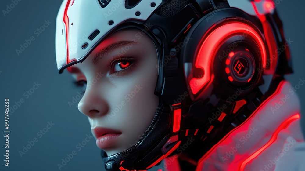 Woman Wearing a Cybernetic Helmet With Neon Red Glow, Sci-Fi and Cyberpunk Themes Woman Wearing a Cybernetic Helmet With Neon Red Glow, Sci-Fi and Cyberpunk Themes
