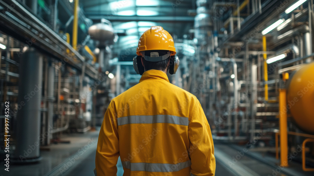 worker in yellow safety jacket and helmet stands in industrial facility, showcasing commitment to safety and professionalism. environment is filled with machinery and pipes, emphasizing high tech worker in yellow safety jacket and helmet stands in industrial facility, showcasing commitment to safety and professionalism. environment is filled with machinery and pipes, emphasizing high tech