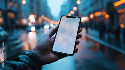 Realistic smartphone app mockup held in a user's hand, against a blurred urban street backdrop. photo