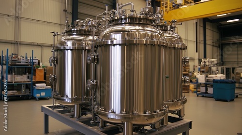 Stainless steel bioreactors in an industrial setting, used for bioprocessing and fermentation.