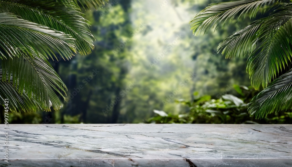 Marble tabletop on jungle background. Empty countertop for eco products and cosmetics presentation. Stone design mockup. tree in the garden Marble tabletop on jungle background. Empty countertop for eco products and cosmetics presentation. Stone design mockup. tree in the garden