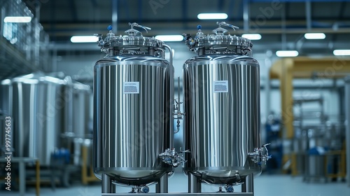 Two large stainless steel bioreactors in an industrial manufacturing facility, symbolizing advanced bioprocessing technology. photo