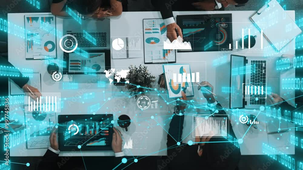 Top view of diverse business people discuss at meeting table with financial statistic holographic. Group of startup team brainstorm idea about stock investment or digital data analysis. Directorate.