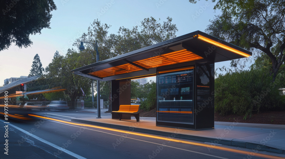 Modern solar powered bus stop with real time information display, illuminated design, and sleek bench, enhancing urban transportation experience Modern solar powered bus stop with real time information display, illuminated design, and sleek bench, enhancing urban transportation experience