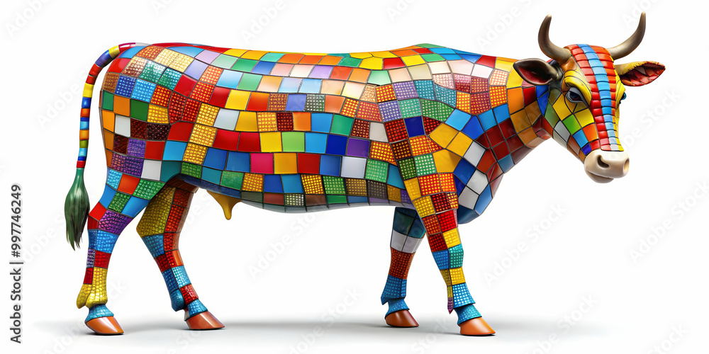Obraz premium Mosaic patterned cow made of colorful tiles, mosaic, cow, animal, colorful, tiles, pattern, design, art, creative, farm
