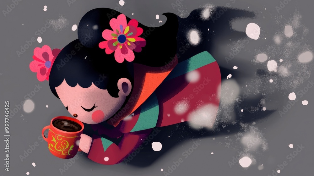 Cute Cartoon Girl Enjoying a Warm Drink in the Snow Cute Cartoon Girl Enjoying a Warm Drink in the Snow
