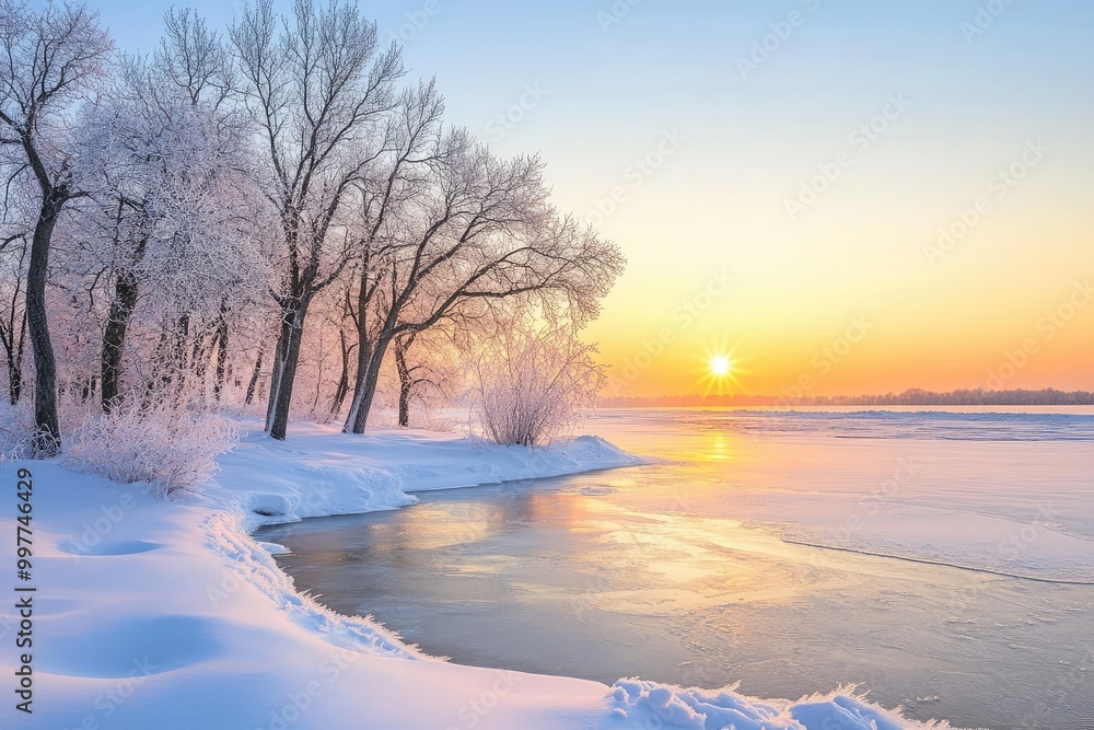 Snowy Morning Landscape with Frosty Trees and Clear Sky Snowy Morning Landscape with Frosty Trees and Clear Sky