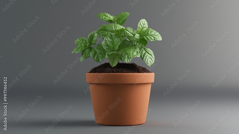 Mint leaves tree vegetable clay pot and soil miniature house plant botanical decoration Mint leaves tree vegetable clay pot and soil miniature house plant botanical decoration