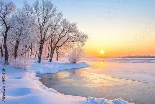 Snowy Morning Landscape with Frosty Trees and Clear Sky