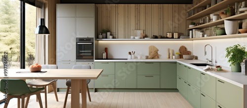 Modern Kitchen with Green Cabinets and Wooden Accents