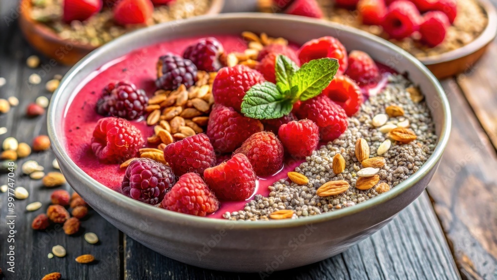 Closeup view of a healthy smoothie bowl topped with raspberries, granola, seeds, and chia, healthy, food, smoothie bowl Closeup view of a healthy smoothie bowl topped with raspberries, granola, seeds, and chia, healthy, food, smoothie bowl