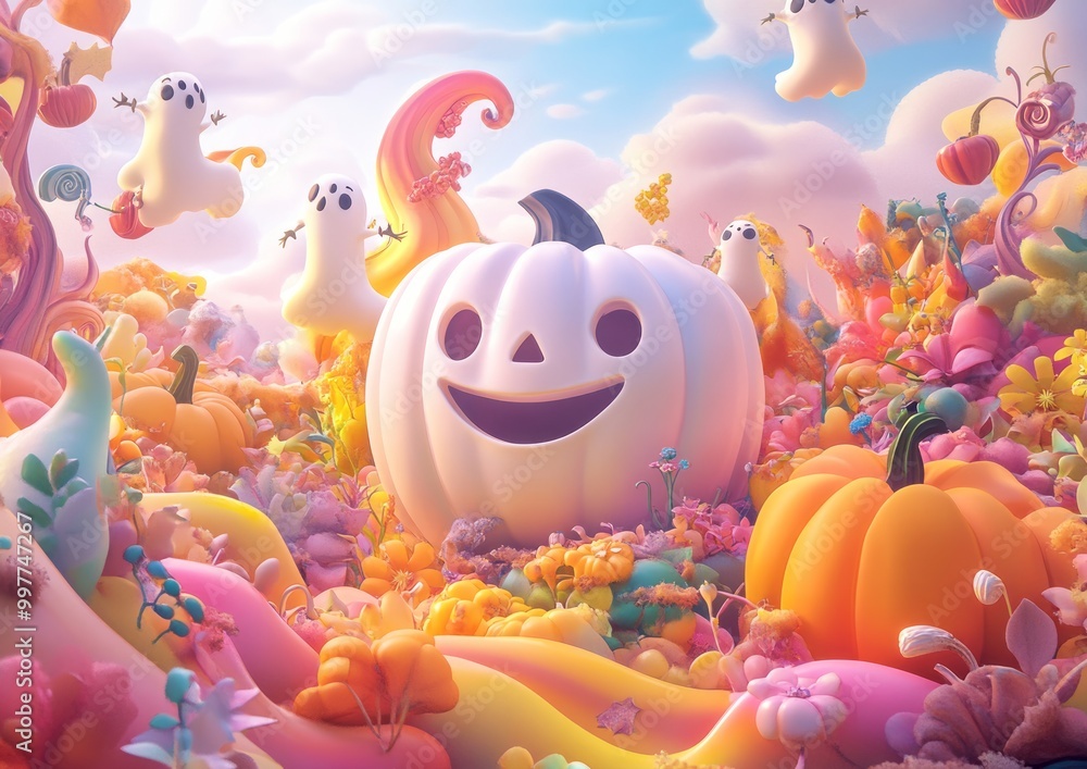 Enchanting Claymation Halloween Scene with Cute Ghosts and Jack O'Lantern Surrounded by Whimsical Pastel Colors and Flowers Enchanting Claymation Halloween Scene with Cute Ghosts and Jack O'Lantern Surrounded by Whimsical Pastel Colors and Flowers