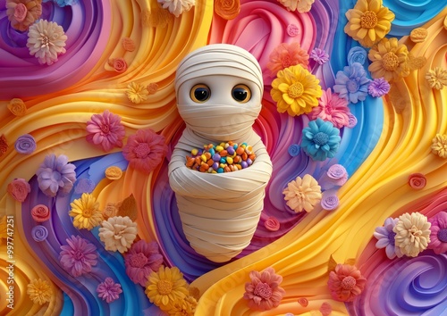 Whimsical 3D Claymation of Friendly Mummy with Candy Bag in Enchanting Anime Style