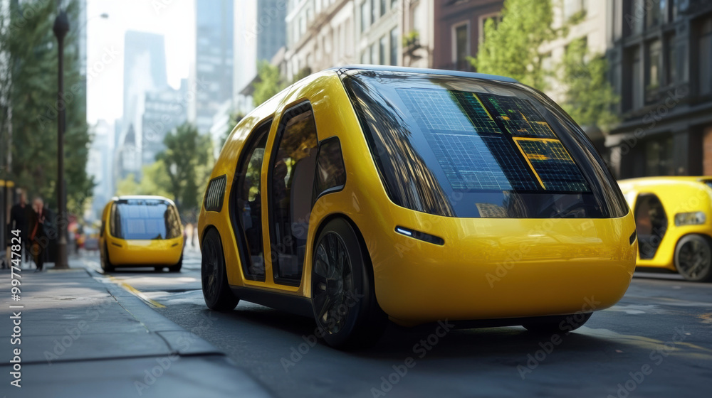 Autonomous solar powered vehicles navigate modern city street, showcasing innovative design and technology. bright yellow color adds cheerful touch to urban landscape Autonomous solar powered vehicles navigate modern city street, showcasing innovative design and technology. bright yellow color adds cheerful touch to urban landscape