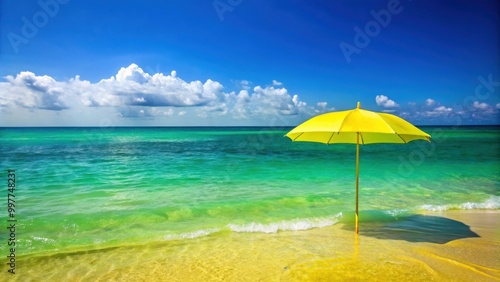 Tranquil green ocean scene with a vibrant yellow umbrella, serene, peaceful, beach, vacation, tropical, relaxation