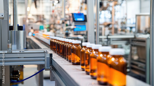 Automated production line showcasing amber bottles moving along conveyor belt in modern manufacturing facility. scene emphasizes efficiency and product safety