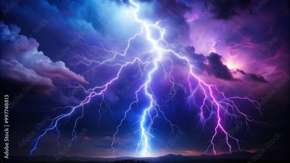 Dramatic purple and blue lightning bolt in dark night sky , dramatic, atmospheric, stormy, thunder, electricity, powerful Dramatic purple and blue lightning bolt in dark night sky , dramatic, atmospheric, stormy, thunder, electricity, powerful
