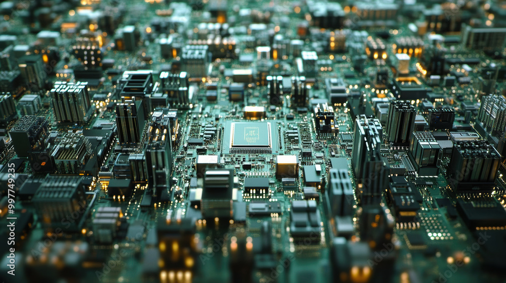 detailed view of complex circuit board resembling miniature cityscape, showcasing intricate components and glowing lights, symbolizing advanced technology and innovation detailed view of complex circuit board resembling miniature cityscape, showcasing intricate components and glowing lights, symbolizing advanced technology and innovation