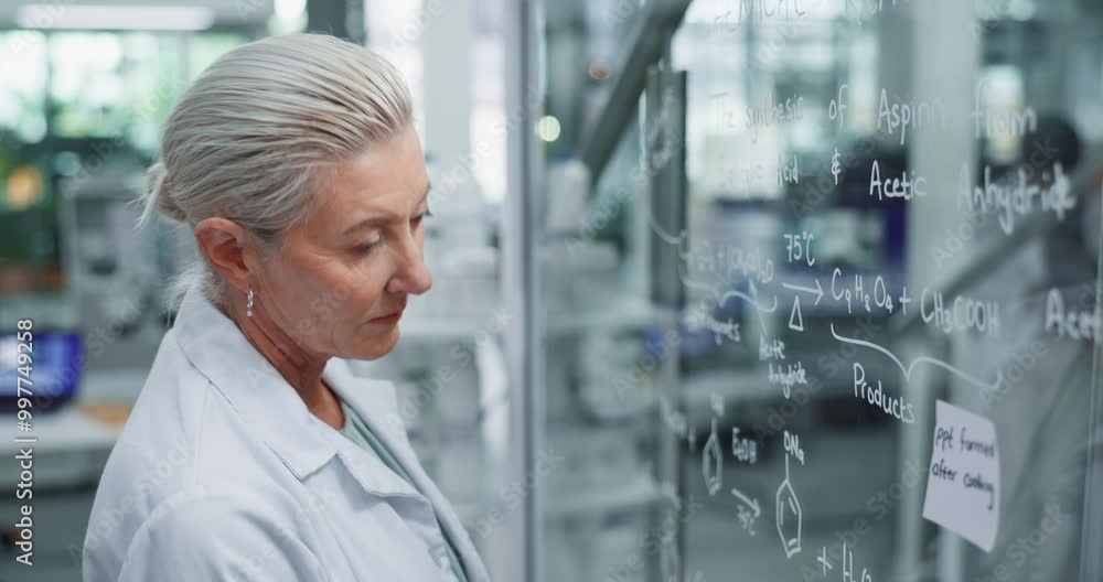 Mature, scientist and planning with glass in laboratory for chemical equation development, experiment and medical study. Woman, board and thinking or problem solving, acetic acid and aspirin reaction Mature, scientist and planning with glass in laboratory for chemical equation development, experiment and medical study. Woman, board and thinking or problem solving, acetic acid and aspirin reaction