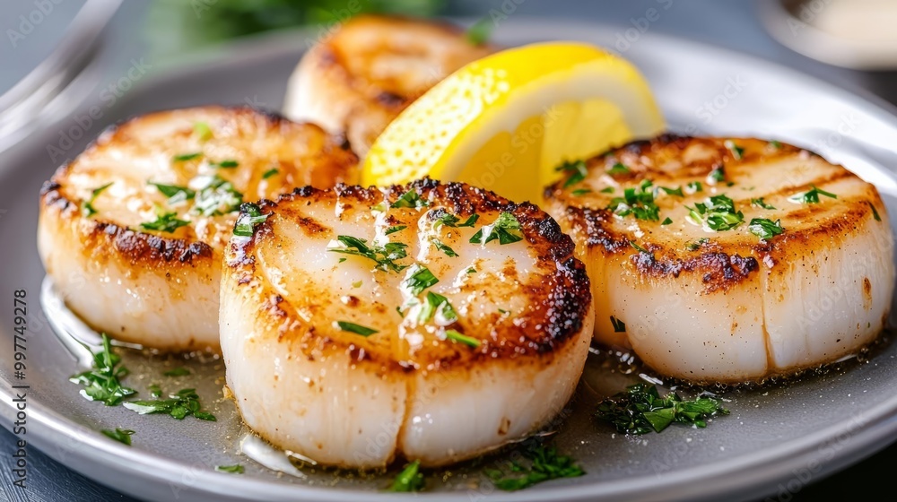 Grilled scallops garnished with lemon and herbs on a plate. Grilled scallops garnished with lemon and herbs on a plate.