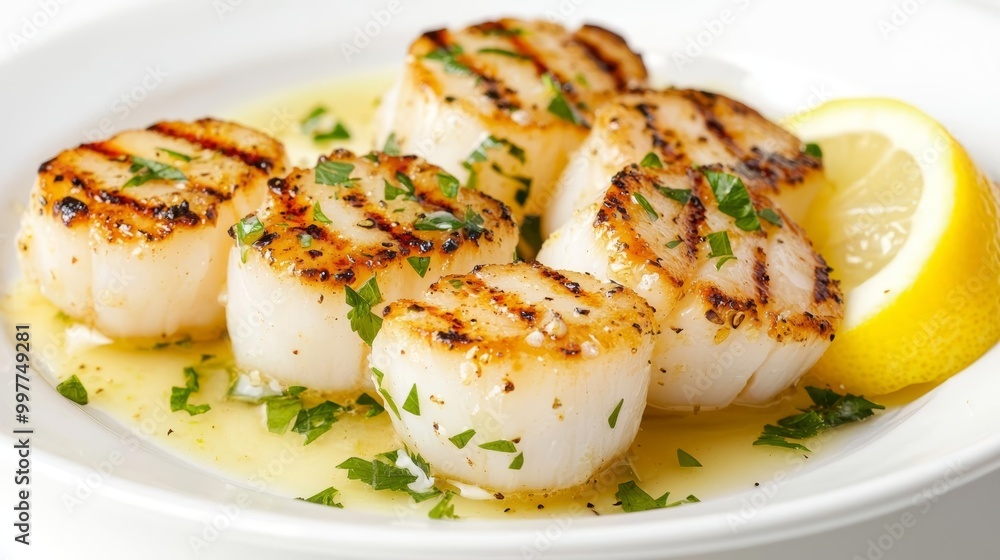 Grilled scallops with lemon and herbs on a white plate, appetizing and fresh. Grilled scallops with lemon and herbs on a white plate, appetizing and fresh.