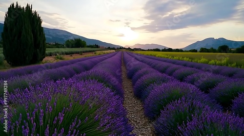 Sunset Over Lavender Fields with Mountain View