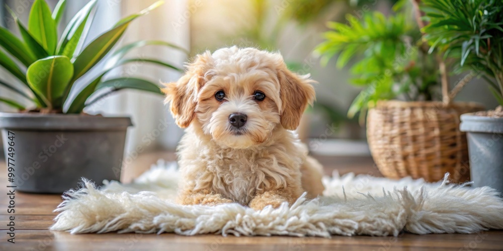 Cute Maltipoo puppy peacefully resting in a modern interior, surrounded by natural elements of a beautiful home setting, Maltipoo Cute Maltipoo puppy peacefully resting in a modern interior, surrounded by natural elements of a beautiful home setting, Maltipoo