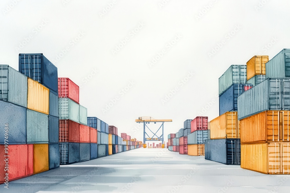 International trade standoff, empty ports under gray skies, Watercolor style International trade standoff, empty ports under gray skies, Watercolor style