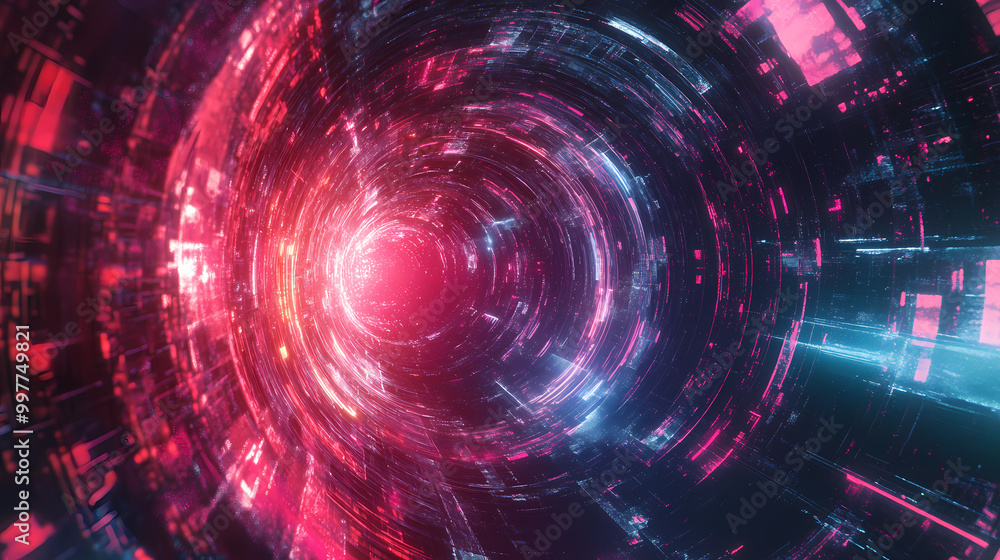 Fototapeta premium Digital cyber portal hologram circular machine space time. Dimensional Rift. Illustration