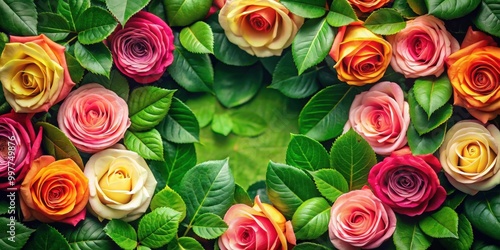 Beautiful green leaves background with vibrant roses, roses, green leaves, nature, flora, botanical, garden, foliage, vibrant