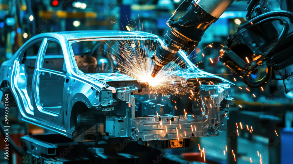 Fototapeta premium Automated welding solutions enhance efficiency in automotive manufacturing, showcasing robotic arm welding car frame with sparks flying