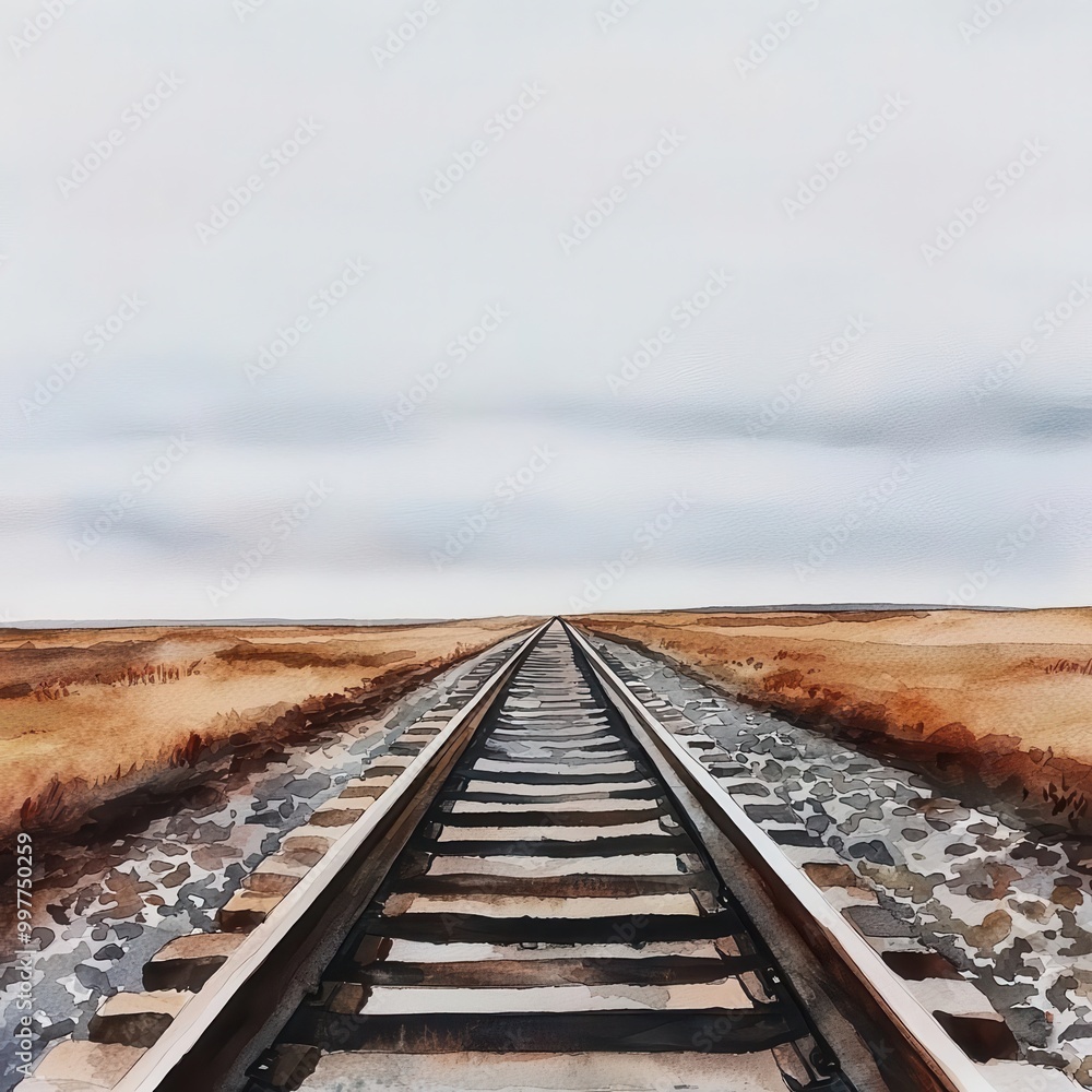 Blocked railway line, stretching into the horizon under a gray sky, Watercolor style Blocked railway line, stretching into the horizon under a gray sky, Watercolor style