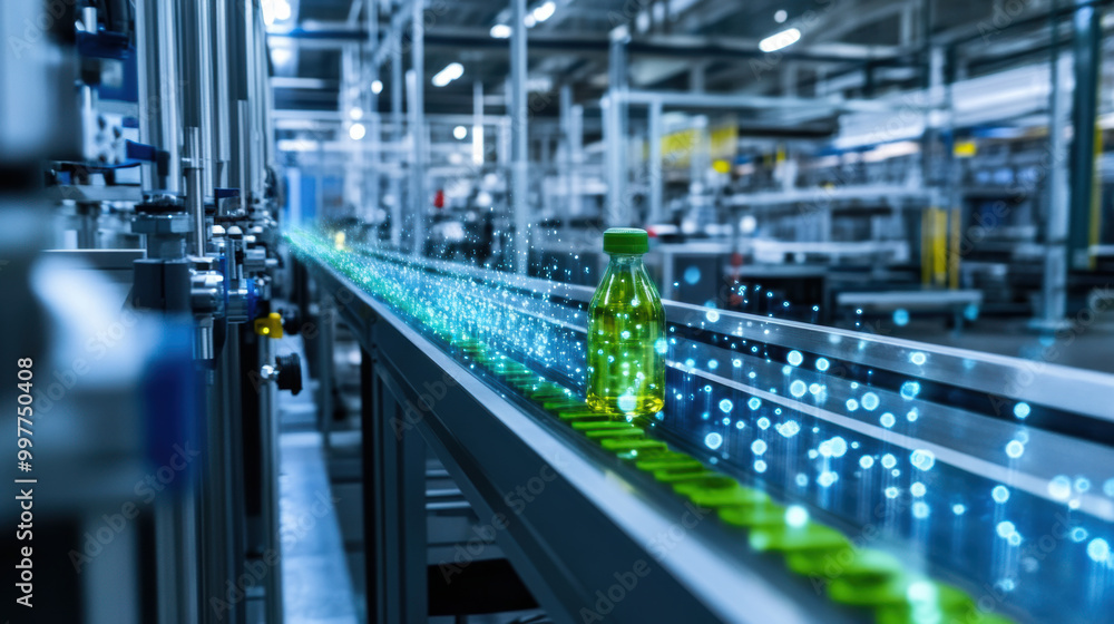 Fototapeta premium vibrant green bottle moves along conveyor belt in modern factory, showcasing advanced production technology and efficiency. scene highlights integration of data analytics in monitoring production