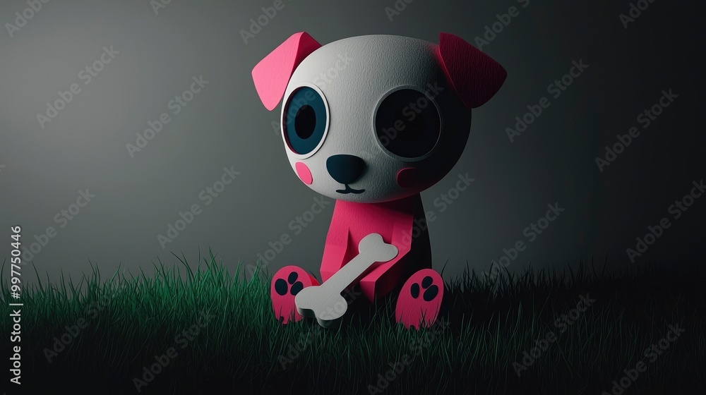 Cute Cartoon Dog Holding a Bone in a Dark Setting Cute Cartoon Dog Holding a Bone in a Dark Setting
