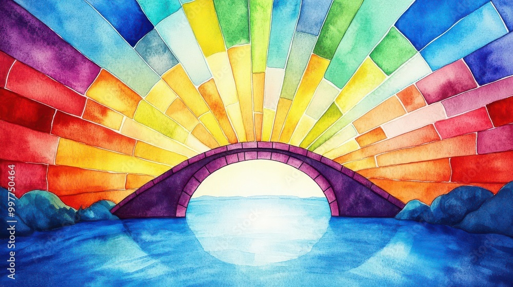 Obraz premium Multi-colored rays of light forming a bridge, bridging differences, watercolor style