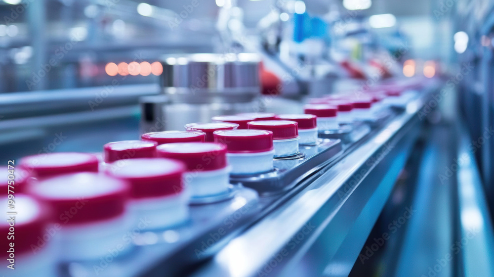 Automated production line with vials on conveyor belt, showcasing efficiency and precision in manufacturing. scene reflects modern technology in pharmaceutical setting Automated production line with vials on conveyor belt, showcasing efficiency and precision in manufacturing. scene reflects modern technology in pharmaceutical setting