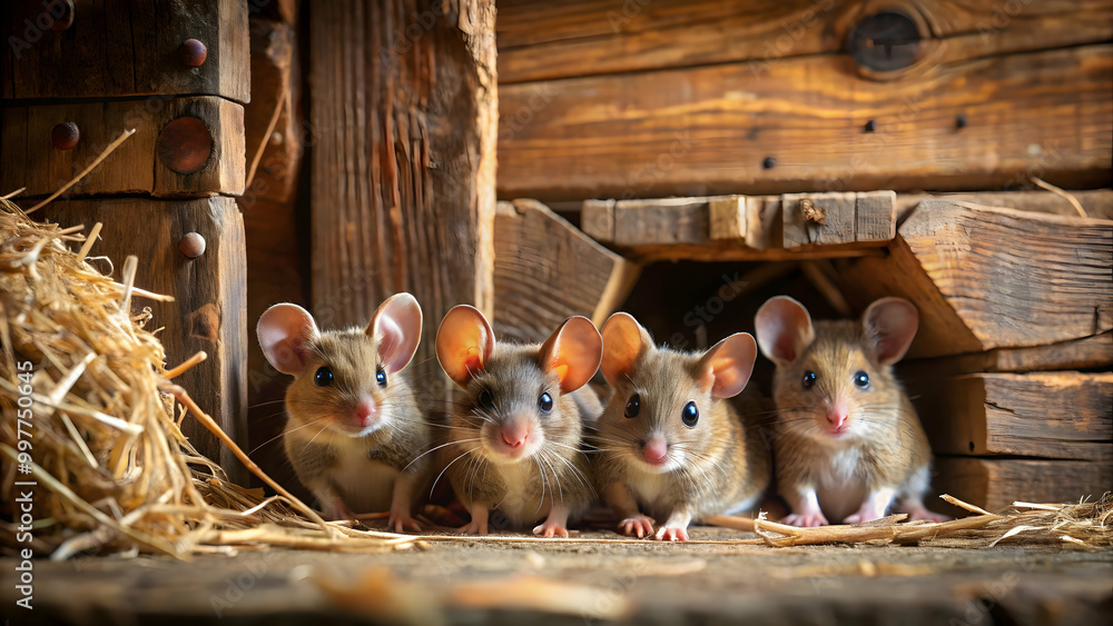 Cute little mice playfully scurrying around in a rustic barn setting ...