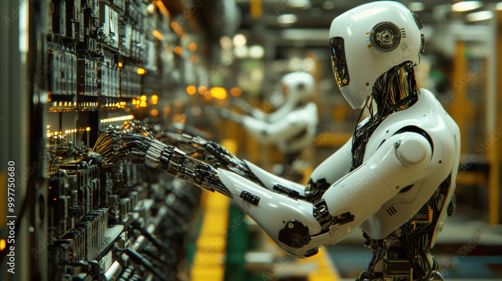 Fototapeta premium Intelligent machines are efficiently handling delicate wiring tasks in modern industrial setting, showcasing advanced robotics technology and precision