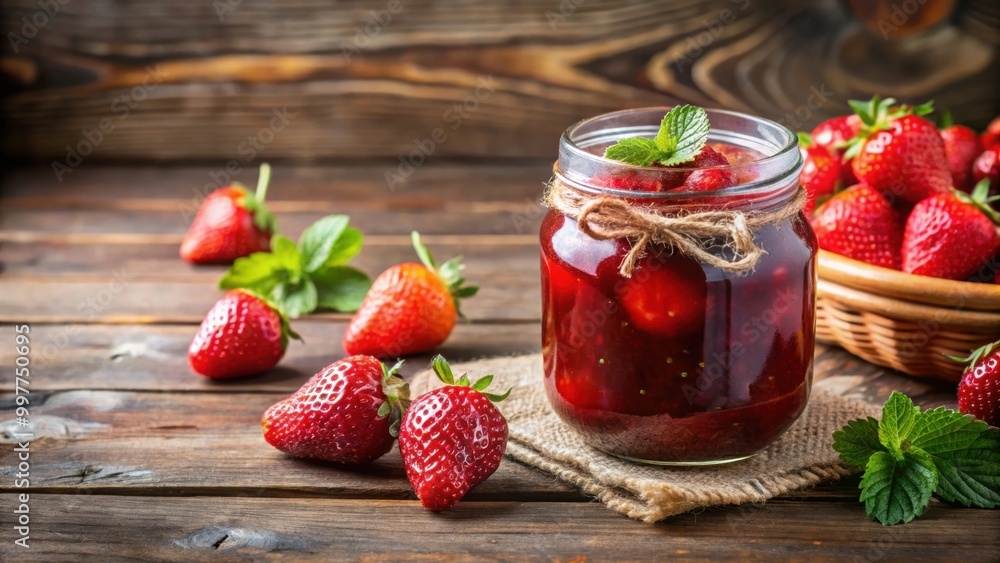 Close up of a jar of homemade strawberry jam on a rustic wooden table, strawberry, jar, jam, homemade, delicious, organic, fruit Close up of a jar of homemade strawberry jam on a rustic wooden table, strawberry, jar, jam, homemade, delicious, organic, fruit