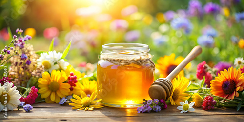 Jar of honey surrounded by colorful blossoming flowers in the bright sunlight, honey, jar, flowers, blossom, sunlight