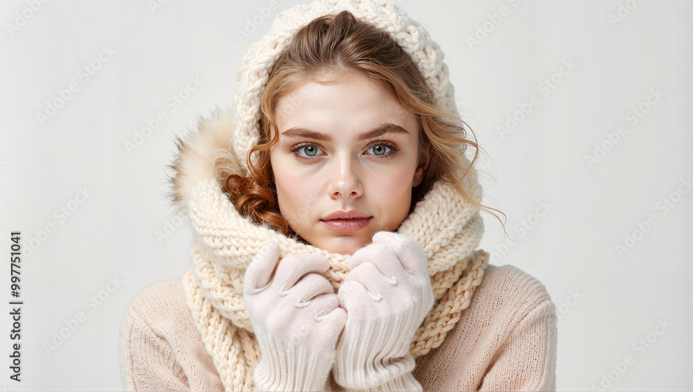 Young woman in knitted sweater and warm scarf for winter comfort and energy savings against a light background
Young woman in knitted sweater and warm scarf for winter comfort and energy savings against a light background