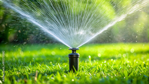 Automatic sprinkler nozzle spraying water on green lawn, automatic, watering, green, lawn, nozzle, spray, water photo