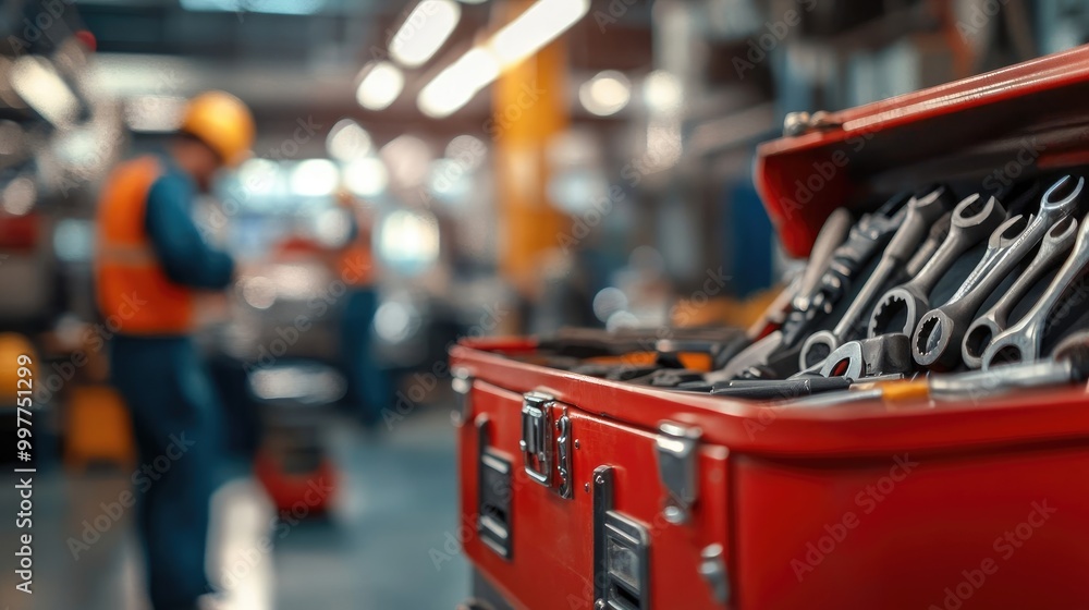 Obraz premium Auto Shop Scene Featuring Red Tool Chest with Tools