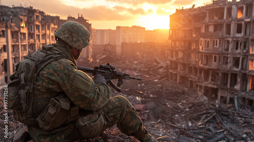 soldier amidst the remnants of battle, seeking solace in the devastation around him. This poignant scene symbolizes resilience, reflection, and the quest for peace amidst chaos