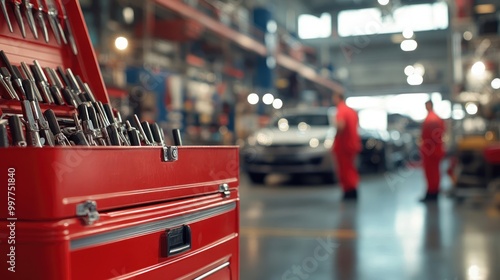 Wallpaper Mural Auto Shop Scene Featuring Red Tool Chest with Tools Torontodigital.ca