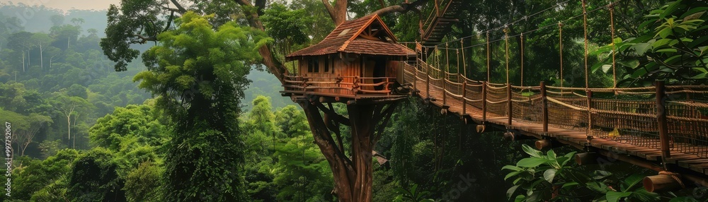 A wooden treehouse nestled in lush, green foliage, connected by a bridge, showcasing the beauty of nature and outdoor adventure. A wooden treehouse nestled in lush, green foliage, connected by a bridge, showcasing the beauty of nature and outdoor adventure.