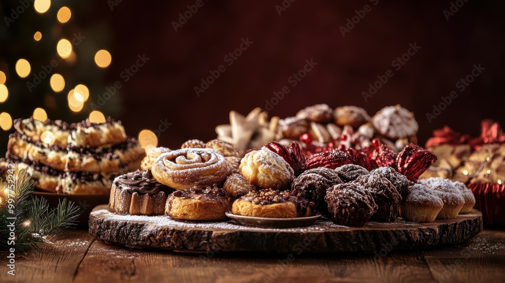 Platter of assorted Christmas pastries on a rustic wooden table, with a rich burgundy background and twinkling lights, copy space, Merry Christmas background, holiday dessert display, Platter of assorted Christmas pastries on a rustic wooden table, with a rich burgundy background and twinkling lights, copy space, Merry Christmas background, holiday dessert display,