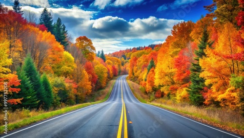 Asphalted highway surrounded by colorful autumn trees , autumn, fall, road, asphalt, small, highway, trees, foliage