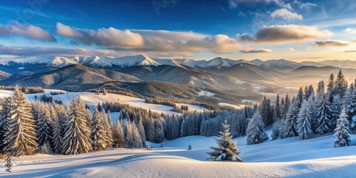 Snow-covered Carpathian mountains landscape with panoramic view, Carpathian, mountains, snow, winter, landscape, scenery